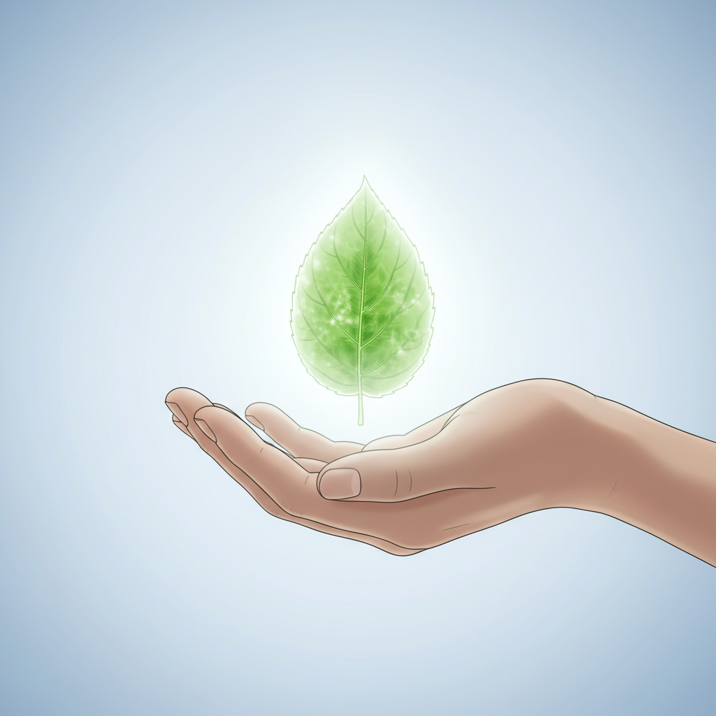 Hand gently holding a vibrant green leaf representing nurturing and growth