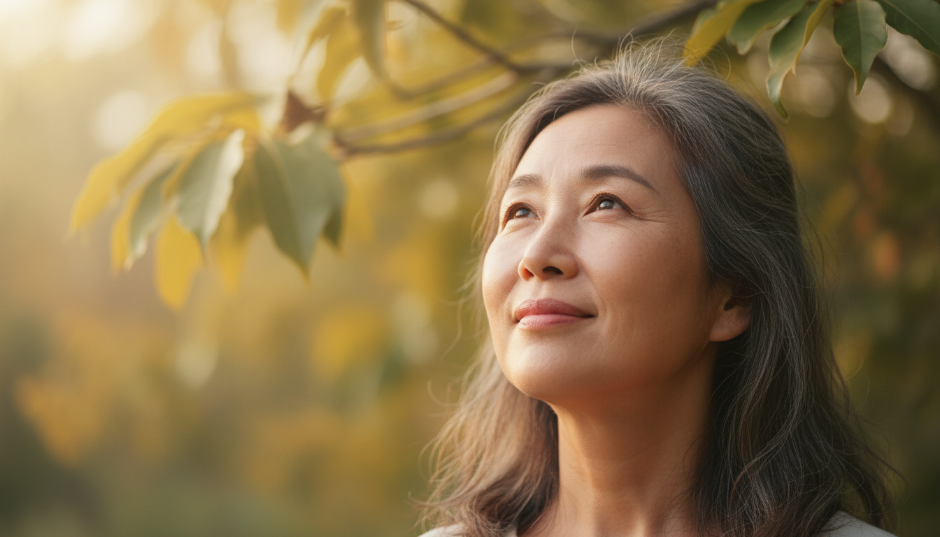 Person with hopeful expression, looking towards relief and recovery